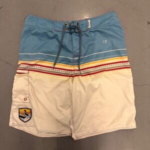 Ocean Pacific Mens Retro Striped Board Shorts Blue White Surf Trunks Size 34